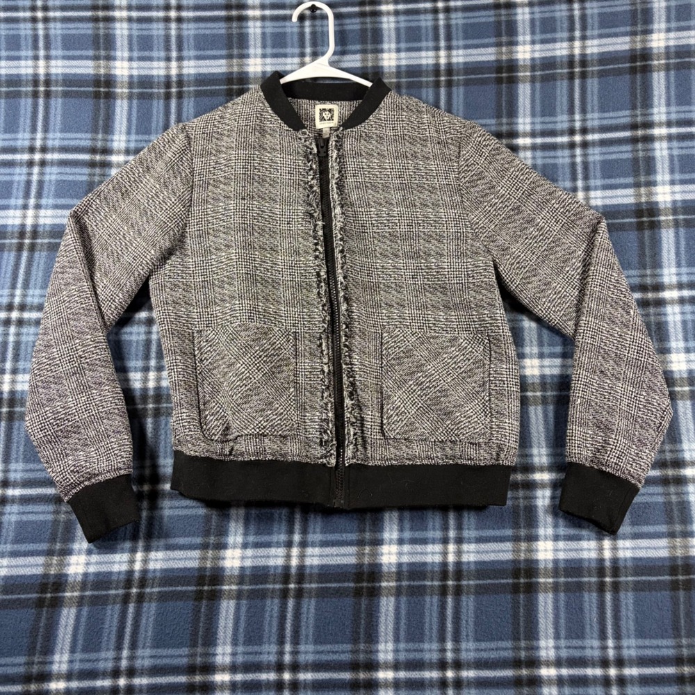 Anne Klein Women Black White Glen Plaid Tweed Fringe Trim Bomber Jacket Small